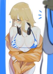 1girls absurd_res absurdres bare_hands bare_shoulders bare_skin bare_thighs bare_torso beijuu bikini bikini_top blonde_eyebrows blonde_female blonde_hair blonde_hair_female blue_bikini blue_bikini_top blue_eyes blue_eyes_female blue_string_bikini blue_swimsuit blue_swimwear blush blushing_at_viewer blushing_female breasts busty busty_female cleavage collarbone covering_self dot_nose embarrassed embarrassed_female exposed exposed_arms exposed_shoulders exposed_thighs female female_focus hair_between_eyes hair_ornament hair_pin hairpin hairpins half_naked half_nude head_tilt headphones high_resolution highres jacket juz large_breasts lean_body lean_figure legs light-skined_female light-skinned light-skinned_female light_skin light_skin_female light_skinned light_skinned_female lips long_hair looking_at_viewer looking_sideways looking_to_the_side open_jacket open_topwear orange_jacket orange_topwear shoulders sidelocks simple_background slender_body slender_waist slim_girl slim_waist standing string_bikini swimsuit swimwear tears thighs thin_waist tilted_head topwear underboob upper_body white-skinned_female white_background white_bikini white_bikini_top white_skin white_string_bikini white_swimsuit white_swimwear xiaoguang_(you_can_eat_the_girl) you_can_eat_the_girl