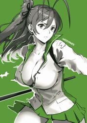 antenna_hair artist_name black_ribbon breasts brown_eyes brown_hair cleavage closed_mouth collarbone collared_shirt commentary english_commentary female green_background green_skirt green_theme hair_between_eyes hair_ribbon highres highschool_of_the_dead holding holding_polearm holding_weapon large_breasts long_hair looking_at_viewer miniskirt missfaves pleated_skirt polearm ponytail rei_miyamoto ribbon shirt skirt solo torn_clothes torn_shirt weapon white_shirt