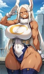 1girls ai_generated big_breasts big_thighs breasts dark-skinned_female dark_skin female female_only gigantic_thighs huge_breasts huge_thighs large_breasts large_thighs long_hair massive_thighs milkersenjoyer miruko muscular muscular_arms muscular_female muscular_thighs my_hero_academia rumi_usagiyama thick_thighs thighs very_long_hair white_hair