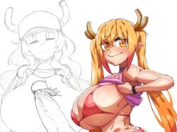 1futa 1girls big_breasts breasts clothed clothing dragon_horns dragon_penis erection female futanari huge_breasts huge_cock humanoid humanoid_penis implied_futanari kobayashi-san_chi_no_maidragon light-skinned_futanari light_skin long_hair lucoa makinakid miss_kobayashi's_dragon_maid mostly_nude penis pink_bra preview quetzalcoatl_(dragon_maid) standing tank_top_lift tohru_(dragon_maid) twintails twitter_link wip