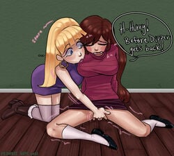 2girls big_breasts blonde_hair brown_hair clothed_female disney disney_channel english_text female_only fingering flats gravity_falls mabel_pines no_panties on_the_floor pacifica_northwest princest_beck quickie smooth_skin yuri