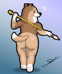 anthro ass back_view blush brown_body brown_fur canid canine canis collie d13w0tt_(artist) dogs_in_space domestic_dog female fur heart herding_dog hi_res holding_object holding_weapon looking_back mammal melee_weapon multicolored_body netflix nude pastoral_dog polearm rough_collie sheepdog solo spear stella_(dogs_in_space) weapon white_body white_fur