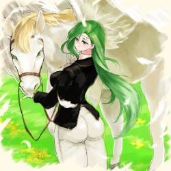 1girls alternate_costume annand_(fire_emblem) ass breasts female fire_emblem fire_emblem:_genealogy_of_the_holy_war green_eyes green_hair horse large_ass large_breasts long_hair long_sleeves nintendo outdoors pants pegasus smile ta_dasu_(tadasu_hayashi) thick_thighs thighs very_long_hair wings