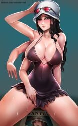 akuma_no_mi badcompzero bare_arms bare_shoulders black_dress black_hair blue_eyes blush breasts cleavage collarbone covered_navel curvy dress eyewear_on_head female female_only gluteal_fold green_background hana_hana_no_mi hat highres huge_breasts light_smile lips long_hair looking_at_viewer multi_arm multi_limb nico_robin one_piece simple_background solo spread_legs sunglasses sunglasses_on_head sweat thick_thighs thighs wanted