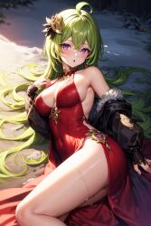 1girls ai_generated big_breasts big_thighs breasts camellia_aj_art cleavage collei_(genshin_impact) dress female genshin_impact green_hair huge_thighs large_thighs purple_eyes thick_thighs thighs voluptuous