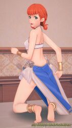 1girls 3d alternate_costume annette_fantine_dominic ass back bangs bare_arms bare_back bare_legs barefoot big_ass blue_eyes breasts covered_nipples dancer female female_only fire_emblem fire_emblem:_three_houses indoors jollyoldsoldier legs looking_at_viewer looking_back nintendo open_mouth orange_hair pelvic_curtain short_hair small_breasts smile solo