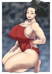 1girls alternate_breast_size black_hair breasts female hips large_breasts light-skinned_female light_skin long_hair momo_yaoyorozu my_hero_academia one-piece_swimsuit oryuto ponytail thick_thighs thighs voluptuous wide_hips