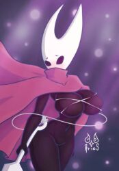 blush bondage breasts cloak hollow_knight hornet_(hollow_knight) horns looking_at_viewer needle string tagme thick_thighs tied_breasts voluptuous weapon wide_hips