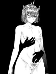 1girls black_clover black_hair breasts breasts_outside embarrassed embarrassed_nude_female female grabbing grabbing_from_behind groping horns light-skinned_female light_skin nipples no_color pale_skin pubic_hair secre_swallowtail short_hair shy skwd small_breasts solo tagme