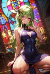 1girls ai_generated big_breasts big_thighs breasts camellia_aj_art cleavage collei_(genshin_impact) dress female genshin_impact green_hair huge_thighs large_thighs purple_eyes thick_thighs thighs voluptuous