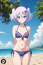 ai_generated arisugawa_kaname arms_behind_back ass_visible_through_thighs bangs bare_shoulders beach bikini blue_bikini blue_eyes blue_sky blush breasts closed_mouth cloud collarbone cowboy_shot day female hair_between_eyes hair_ornament hairclip halterneck looking_at_viewer navel ocean outdoors pikkiwynn side-tie_bikini_bottom sky small_breasts smile solo standing swimsuit tonikaku_kawaii tree twintails