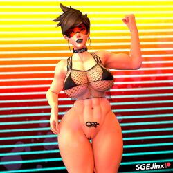 1:1_aspect_ratio 3d 3d_render abs artist_name bangs biceps bikini bikini_top bikini_top_only bimbo_choker bimbofication black_choker blender_(software) blurry blush bottomless breasts bright bright_colors british british_female brown_eyes brown_hair character_name choker clenched_hand clothing cowboy_shot depth_of_field earrings female female_only fishnet_top fishnets flexing freckles goggles gothic gradient gradient_background hand_on_hip high_resolution hoop_earrings huge_breasts jewelry large_breasts lgd_tattoo light-skinned_female light_skin looking_at_viewer midriff muscle muscular_female nail_polish navel neon_lights open_mouth orange-tinted_eyewear orientation_play overwatch overwatch_2 patreon_logo patreon_username pose pubic_tattoo sgejinx_(artist) shiny shiny_skin short_hair smile solo sparkle striped sunglasses swept_bangs swimsuit tattoo thick_legs thick_thighs thighs tinted_eyewear tracer twitter_username