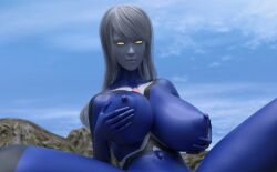 3d alien alien_girl alien_humanoid glowing_eyes landscape large_breasts nude nude_female original original_character outside silver_hair thick_thighs ultraman_(franchise) ultrawoman yellow_eyes yoidore