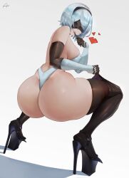 1girls absurdres android_girl araneesama ass big_ass big_breasts big_butt breasts female high_heels light-skinned_female light_skin nier nier:_automata platform_heels short_hair squatting thick_thighs white_hair yorha_2b