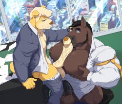 2boys anthro arousal aroused bara bara_tiddies bara_tits big_balls big_chest big_pecs big_penis black_hair blue_eyes canine dog erect erect_penis erection gay gay_paizuri holding_pecs horse huge_chest huge_cock huge_pecs kartos large_pectorals male male/male male_only male_paizuri massive_pecs muscular muscular_male open_shirt paizuri pecfuck pecjob shirt_open size_difference small_dom_big_sub veiny_penis yellow_fur