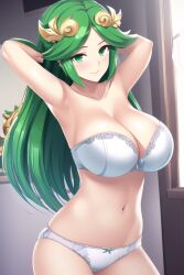 1girls ai_generated armpits bra breasts cute dumi female female_only green_hair kid_icarus large_breast nai_diffusion nintendo palutena panties solo stable_diffusion strapless_bra underwear_only white_bra white_panties