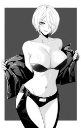 1girls :p angel_(kof) big_breasts bra breasts busty cleavage curvy hair_over_one_eye half-closed_eyes highres jacket king_of_fighters large_breasts legs looking_at_viewer monochrome naughty_face navel open_clothes open_jacket presenting seductive_gaze seductive_smile sensual short_hair smile snk solo strapless strapless_bra thighs toned tongue tongue_out underwear white_hair