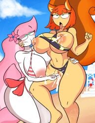 ahe_gao amantepokemon big_breasts big_hips bikini black_bikini blush bunny_girl cherryblue evilkinglich fingering half_dressed long_ears maya_(amantepokemon) maya_(evilkinglich) milkshake_(cherryblue) orange_hair pink_hair public_indecency short_hair squirrel_girl striped_bikini yin_yang_yo!_oc