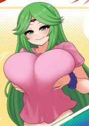 1girls busty female female_only green_eyes green_hair huge_breasts kid_icarus nintendo palutena shirt solo tagme the_only_shoe