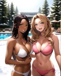 2girls ai_generated ai_mirror belly_button bikini blonde_hair blush brown_hair dark_skin green_eyes hand_on_belly house long_hair looking_at_viewer medium_breasts open_mouth pines pink_bikini pool pool_chair selfie smile snow together umbrella white_bikini white_skin