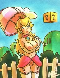 1girls blonde_hair breasts female female_only mario_(series) maximaldraws nipples outdoors panties princess_peach sky solo standing super_mario_bros. tagme underwear