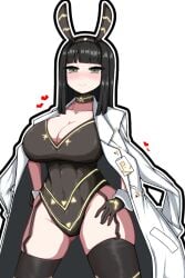 1girls black_hair blush bunnysuit cesara_(limbus_company) coat female female_focus female_only green_eyes labcoat large_breasts limbus_company long_hair looking_at_viewer project_moon smile thighs white_coat