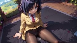 1girls ai_generated bags_under_eyes black_hair blue_eyes blush cameltoe kuroki_tomoko legs_apart medium_breasts messy_hair outdoors pantyhose pussy_juice pussy_juice_drip pussy_juice_puddle pussy_juice_trail school_uniform short_hair sitting skirt smiling watashi_ga_motenai_no_wa_dou_kangaetemo_omaera_ga_warui!