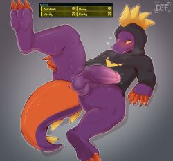 absurd_res anthro anus ass balls bodily_fluids bottomless clothed clothing english_text erection genitals hi_res hoodie leezpunk male male_only nsfw_def pal_(species) palworld penis presenting presenting_anus purple_body scalie solo spread_legs spreading sweat text topwear