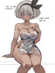 1girls bea_(pokemon) breasts brown_skin child_bearing_hips dark-skinned_female dark_skin female grey_hair hi_res large_breasts naughty_face nintendo pokemon pokemon_ss rakeemspoon short_hair towel towel_only voluptuous voluptuous_female