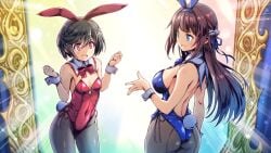 2girls ass big_ass big_breasts black_hair blue_eyes blue_leotard breasts brown_hair busty confident covered_navel fat_ass gal_guardians:_demon_purge gal_gun game_cg half-closed_eyes highres kamizono_shinobu large_breasts leotard maya_kamizono multiple_girls open_mouth pink_eyes playboy_bunny rabbit_ears rabbit_tail red_leotard seductive seductive_smile sensual shinobu_kamizono sideboob small_breasts smile thick_thighs thighs