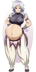 1girls 2024 gao_(marl_kingdom) grey_hair hand_on_hip marl_kingdom nipple_bulge nippon_ichi_software outie_navel pregnant purple_eyes ready_to_pop rhapsody:_a_musical_adventure sado_art smile smiling_at_viewer tagme