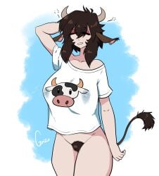 absurd_res animal_humanoid big_breasts bodily_fluids bottomless bovid bovid_humanoid bovine bovine_humanoid breasts brown_hair cattle_humanoid censored clothed clothing female hair hand_behind_head hi_res horn horned_humanoid humanoid lactating lactating_through_clothing lactation mammal mammal_humanoid mosaic_censorship no_underwear pubes solo standing tail unknown_artist wet wet_clothing