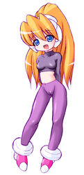 1girls blonde_hair blue_eyes breasts cameltoe ciel_(mega_man) female girutaabo hagane_(artist) mega_man mega_man_zero midriff pantyhose ponytail robot_ears small_breasts smile smiling solo standing tied_hair tights