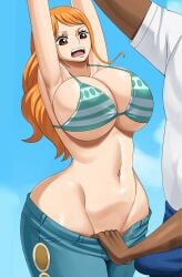 1boy 1girls armpits arms_up big_breasts bikini bikini_top_only breasts bulge busty child_bearing_hips cleavage clothes_pull curvy erection erection_under_clothes female highres huge_breasts jeans large_breasts male nami nami_(one_piece) navel no_panties one_piece orange_hair pants pants_pull pinkpawg post-timeskip source_request striped_bikini surprised thick_thighs thighs toned undressing usopp voluptuous