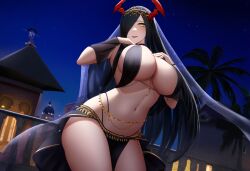 ai_generated arabian_clothes azur_lane belly belly_button belly_dancer belly_dancer_outfit black_clothing black_hair city cityscape dancer dancer_outfit dancing female female_focus female_only friedrich_der_grosse_(azur_lane) from_below hands_on_own_chest loincloth long_hair looking_at_viewer mature_female mature_woman mechanical_horns milf mommy night night_sky palm_tree pelvic_curtain red_horns red_lips revealing_clothes seductive_look seductive_smile standing tiara veil yellow_eyes