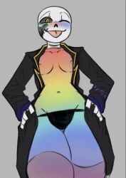 breasts clothed_female coat cute ectobody error_sans_(fan_character) female_sans half_naked ink_sans ink_sans_(fan_character) inktale panties rainbow rainbow_body sans sans_au short tongue tongue_out undertale undertale_(series) wide_hips