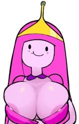 1girls :t adventure_time areolae big_breasts blush breasts cleavage clothes_pull crown female ghozt long_hair looking_at_viewer nipples pink_hair princess_bubblegum smile solo