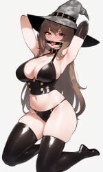 1girls ai_generated armpits bikini bondage brown_hair drooling hands_behind_head kneeling large_breasts latex_thighhighs magicman-chan magicman1410 magicwoman midriff navel open_mouth ring_gag smug_face tied_hands tongue_out witch witch_hat wizard_hat