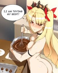 1girls baking blonde_hair blush breasts cookie cooking english_text ereshkigal_(fate) fate/grand_order fate_(series) kitchen long_hair meiji_(brand) meiji_(chocolate) nude red_eyes shiny shiny_skin standing terebozu92 text_bubble twintails