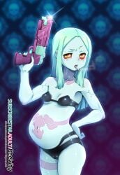 1girls bra clothing cyberpunk:_edgerunners cyberpunk_2077 female firearm geewhy ghettoyouth green_eyes gun hair_down handgun holding_gun holding_weapon human long_hair nipples_visible_through_bra pale_skin panties pregnant pussy_visible_through_panties ready_to_pop rebecca_(edgerunners) red_sclera skimpy_underwear smoking solo tagme teal_hair weapon