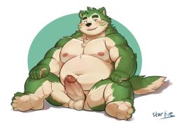 absurd_res anthro balls belly blush bodily_fluids canid canine canis domestic_dog erection eyebrows fur genital_fluids genitals green_body green_fur hi_res lifewonders live_a_hero male mammal mokdai musclegut navel nipples overweight pecs penis precum solo starfire_f thick_eyebrows vein veiny_penis