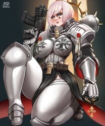 1girls adepta_sororitas armor badcompzero black_clothing blue_eyes bob_cut bolt_gun bolter breasts bubble_butt corset female female_only gun power_armor red_clothing red_trim scar scar_on_face short_hair sister_of_battle solo tattoo tattoo_on_face thick_thighs tight_clothing warhammer_(franchise) warhammer_40k weapon white_armor white_clothing white_hair wide_hips