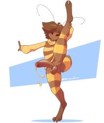 absurd_res antennae_(anatomy) anthro arthropod balls bee bodily_fluids clothing cum femboy food genital_fluids genitals hair hi_res honey_(food) honey_cum hymenopteran insects looking_at_viewer male male_only mazus_(tinysmallman) on_one_leg raised_leg smile solo standing tinysmallman unusual_bodily_fluids unusual_cum unusual_genital_fluids unusual_precum