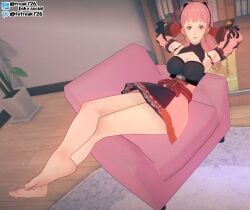 1girls 3d arms_behind_head bangs bare_thighs barefoot book bookshelf breasts feet fefreak726 female female_only fire_emblem fire_emblem:_three_houses hilda_valentine_goneril indoors long_hair looking_at_viewer medium_breasts nintendo on_couch pink_eyes pink_hair ponytail post-timeskip sitting smile solo thighs