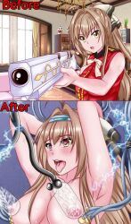 1girls aje amagi_brilliant_park armpits before_and_after breast_milking_machine breasts brown_eyes brown_hair edit electric electric_shock electricity electro electrostimulation female female_only forced_orgasm game_over heart-shaped_pupils instant_loss_2koma lactation large_breasts milking_machine open_mouth saliva sento_isuzu tongue tongue_out