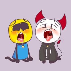 2boys clothed collar demon_tail hoodie horns humanoid major_cloog major_cloog_(character) male male_only no_visible_genitalia spoonman_(major_cloog) tongue tongue_out toony white_skin yellow_body yellow_skin