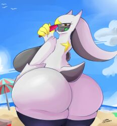 anthro arceus ass big_breasts big_butt blush bodily_fluids breasts clothing cloud detailed_background erection female fingers food genitals ghost_drawings green_eyes huge_breasts huge_butt legendary_pokemon looking_at_viewer multicolored_body nintendo nipples nude open_mouth overweight overweight_anthro overweight_female pokemon pokemon_(species) popsicle pussy seaside sky slightly_chubby slightly_chubby_female solo sun surprised_expression swimwear tail thick_thighs two_tone_body umbrella water wide_hips