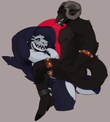 anthro bell bovid caprine caprine_demon clothing demon duo fish goat_demon hi_res jockstrap male male/male mammal marine mr_sharky muscular shark underwear