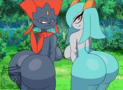 animated anthro ass ass_to_ass bedroom_eyes big_breasts big_butt biped breasts cross_samax duo female female/female generation_3_pokemon generation_4_pokemon huge_butt kirlia looking_at_viewer looking_back looking_back_at_viewer narrowed_eyes nintendo outside pokemon pokemon_(species) rear_view seductive shiny_pokemon thick_thighs weavile