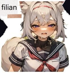 ai_generated cum_in_mouth cum_on_face filian filian_(vtuber) fox_ears fox_girl furry girl indie_virtual_youtuber purple_eyes school_uniform virtual_youtuber vrchat vtuber